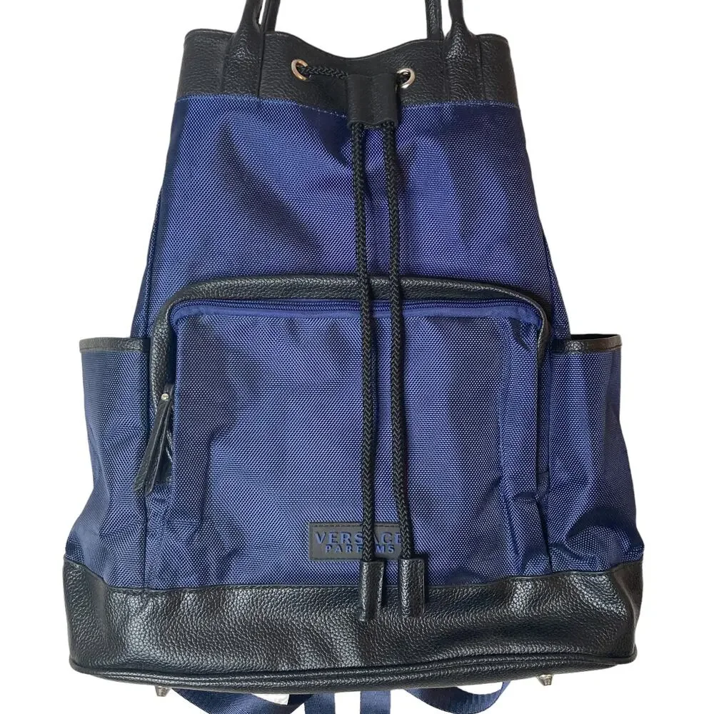 Versace Parfums Mens Back Pack Blue Nylon Leather New COA